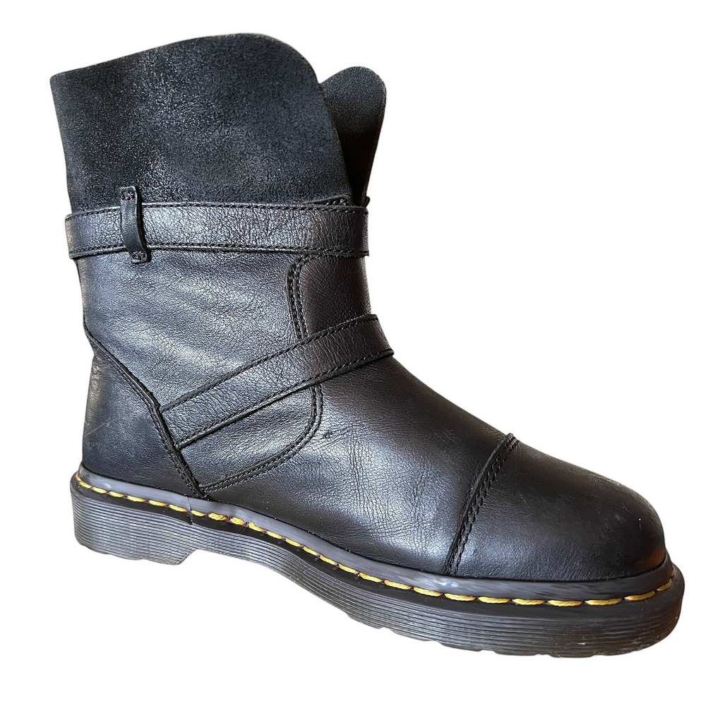 Dr. Martens Kristy Black Leather Suede Biker Boots Buckle Mid Calf Womens 9 - Picture 5 of 16